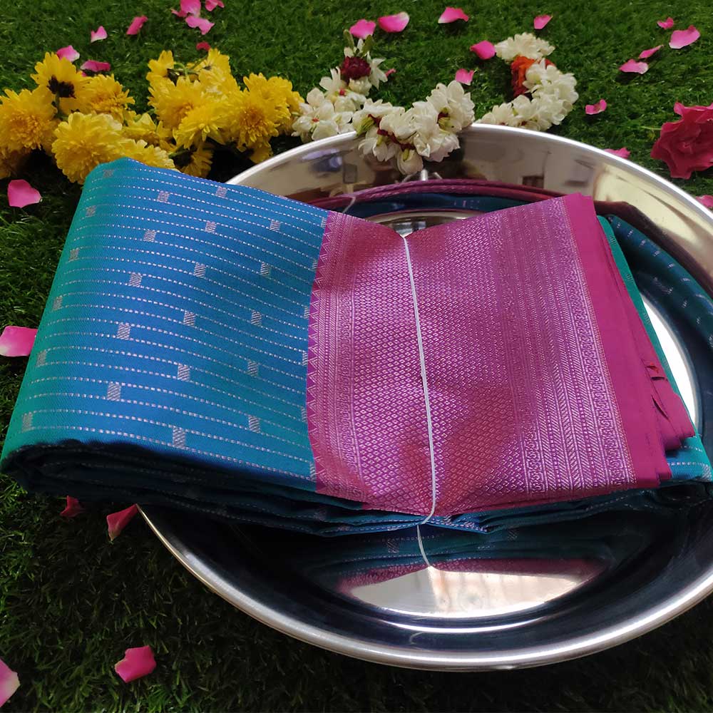 Medium Electric Blue with Pink Zari Kanjivaram Silk Sarees