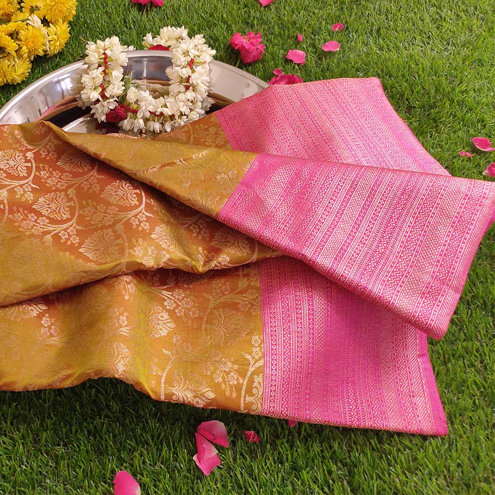 Dirty Brown Elegance: Pink Zari Kanjivaram Silk Sarees