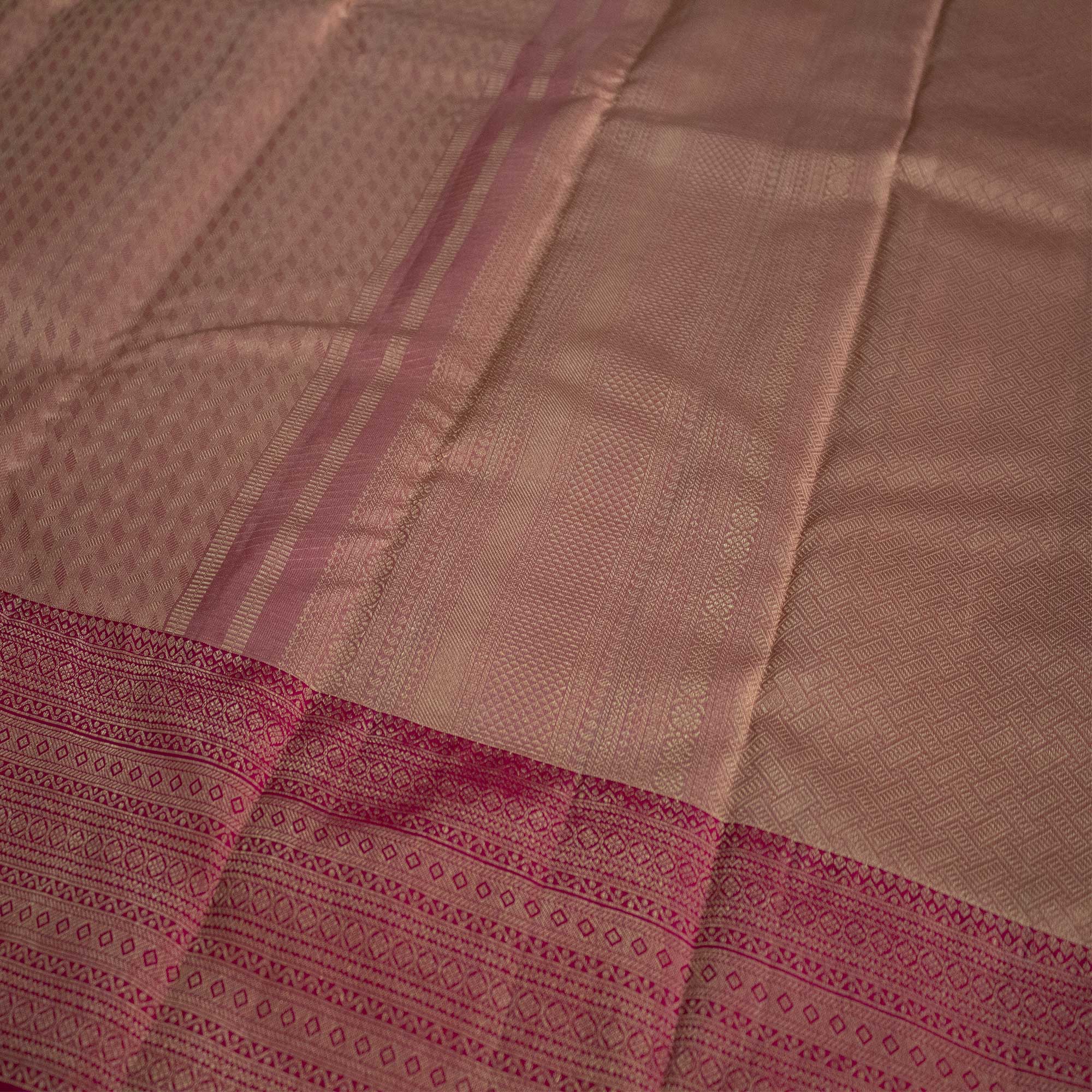 Melon Orange Body, Raspberry Pink Border, Tissue Kanjivaram Silk Sarees