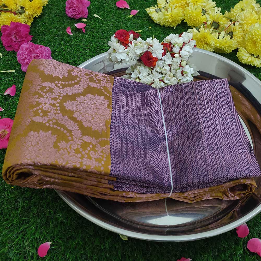 Moss Yellow Body, Royal Purple Border, Pink Zari Kanjivaram Silk Sarees
