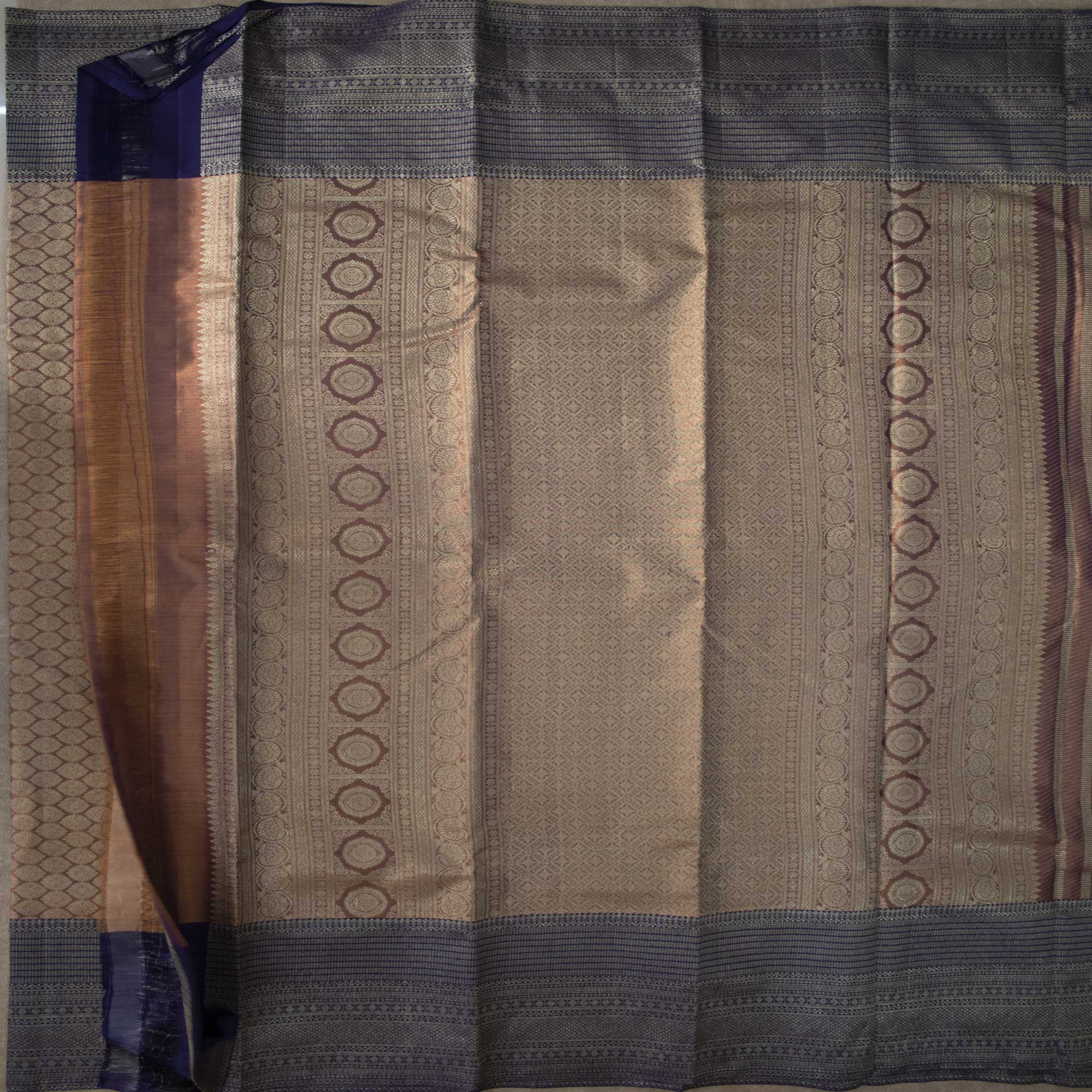 Terracotta Brown Body, Royal Purple Border, Tissue Kanjivaram Silk Sarees